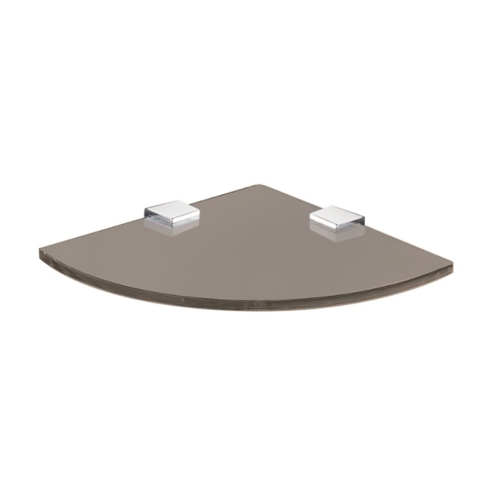 Product Cut out image of the Origins Living Pier Bronze Glass Corner Shelf with chrome brackets